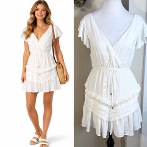 SAINTS & SECRETS White Ruffle Mini Dress Waist Cinch Tie Flutter Sleeve Sz M💚